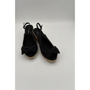 Talbots Womens Black Canvas Bow Peep Toe Slingback Espadrille Wedge Sandals Sz 9